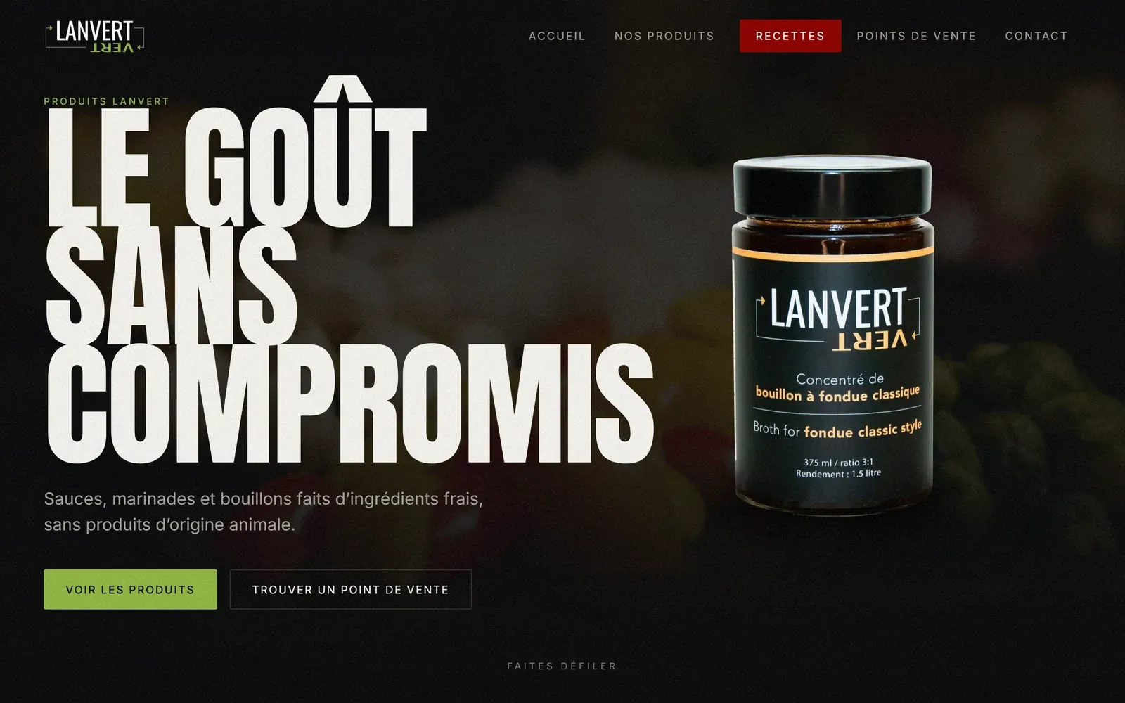 Page d’accueil du site de Produits Lanvert, vue sur ordinateur