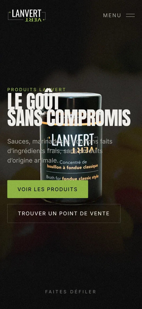 Page d’accueil du site de Produits Lanvert, vue sur téléphone