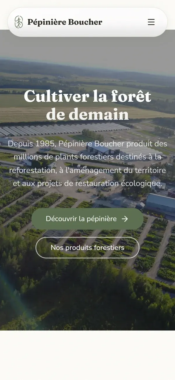 Page d’accueil du site de Pépinière Boucher, vue sur téléphone